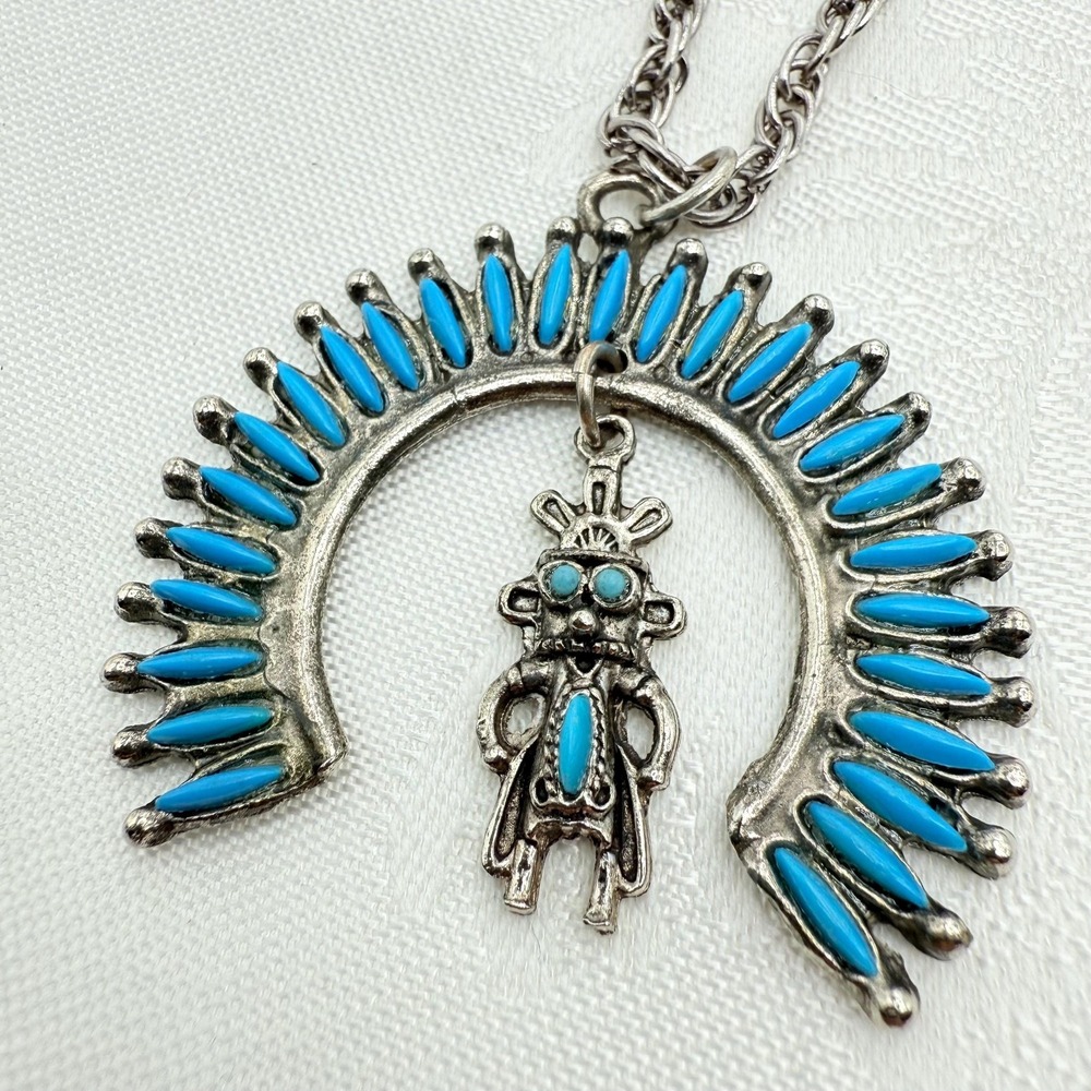 Vintage Silver Tone w/ Blue Stones Squash Blossom Southwestern Style Necklace‎
